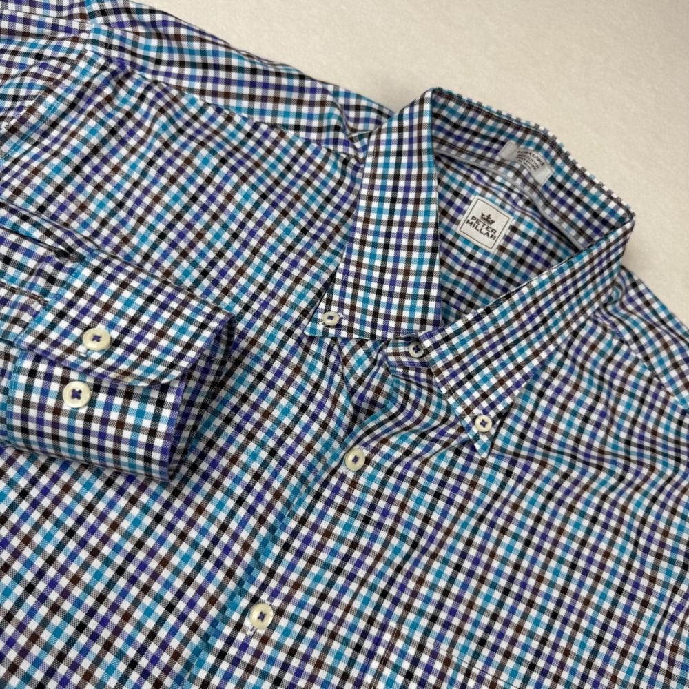 Peter Millar XL Button-Down Shirt Blue‎ Purple Plaid 100% Cotton Long Sleeve